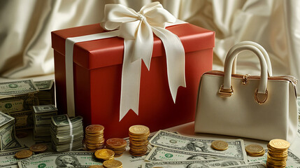 a red gift box with a white ribbon, a white handbag, stacks of cash, and stacks of gold coins, all on a beige fabric background.  The scene suggests wealth and gifting..