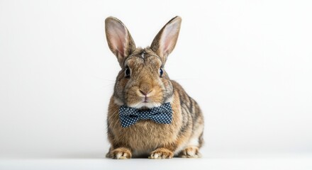 Obraz premium Adorable domestic rabbit wearing blue bow tie on white background