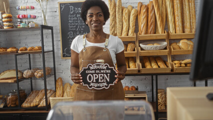 Woman holding open sign in bakery with bread loaves displayed on racks and background featuring chalkboard menu