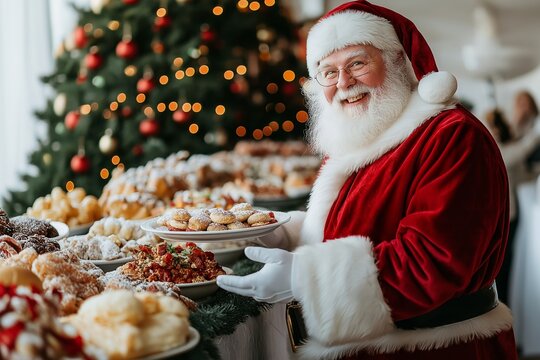 Santa Claus serving festive brunch with holiday dishes in front of decorated Christmas tree New Year brunch buffet concept