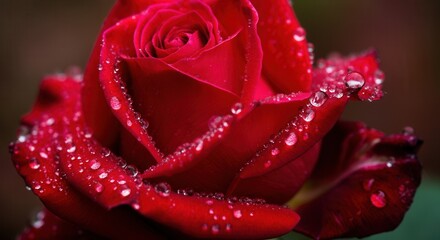 Vibrant red rose with dewdrops close-up