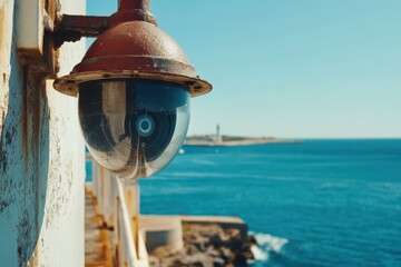 Security camera mounted on a historic lighthouse overlooking the sea