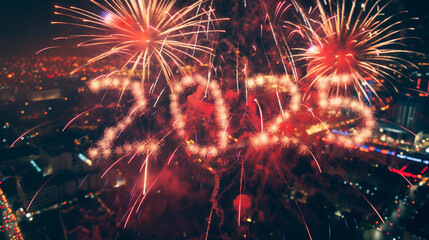 Fototapeta premium New Year 2025 Celebration. Night sky with fireworks, New Year background with fireworks in a shape of number 2025