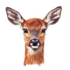 Fototapeta premium A close-up portrait of a young deer showcasing its large eyes and expressive ears, This image can be used for nature-themed projects, educational materials, or wildlife conservation campaigns,