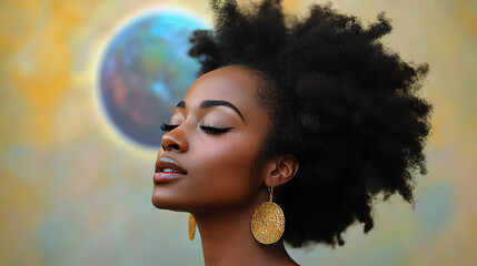 Profile of woman with natural beauty, golden earrings, and cosmic background. AI-generated.