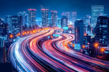 Nighttime cityscape with vibrant traffic and illuminated skyline