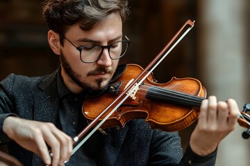Fototapeta premium Young violinist performing passionately in a grand indoor setting