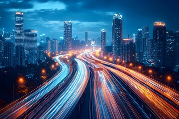 Vibrant city skyline at night with light trails along the highway