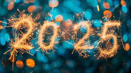 Obraz premium New Year 2025 Celebration. Night sky with fireworks, New Year background with fireworks in a shape of number 2025