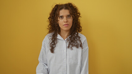 Young hispanic woman with curly brunette hair standing against a yellow background wearing a striped shirt