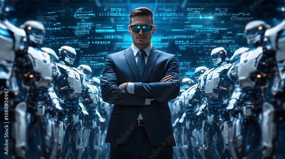 Aufkleber businessman in suit surrounded by futuristic robots in digital environment, showcasing advanced tech