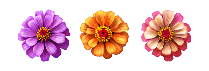 Set of colorful zinnia flowers on a transparent background. isolated background.