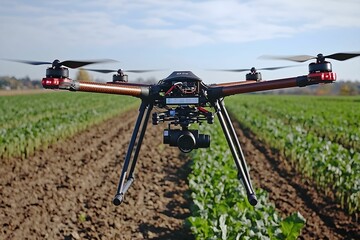 Drone surveying a field of crops on a sunny afternoon