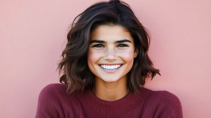 Fototapeta premium Young woman with a radiant smile against a soft pink background. AI-generated