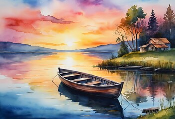 Fototapeta premium Sky sunset and boat on the water. Modern impressionism,Original oil painting on canvas.
