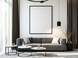 Frame mockup, ISO A paper size. Living room wall poster mockup. Interior mockup with house background. Modern interior design. 3D render