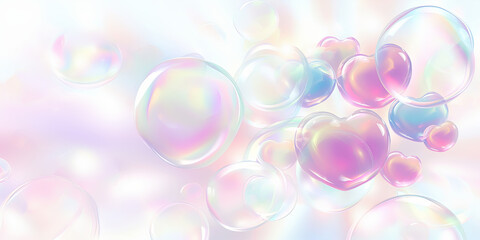 Heart shape 3d soap or glass bubbles. Realistic transparent pink, rainbow soap foam shaped as heart. Romantic glossy soapy hearts background.