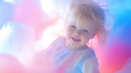 Fototapeta premium Smiling toddler with blonde hair in soft pastel surroundings, joyful and ethereal atmosphere. AI-generated