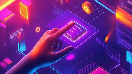Naklejka premium A hand interacts with a futuristic digital interface.
