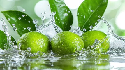 Vibrant image of fresh limes splashing into water, accompanied by bright green leaves