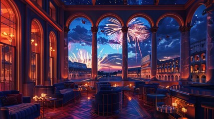 Obraz premium A luxurious balcony with a view of fireworks exploding over a cityscape at night.