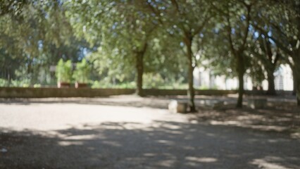 Fototapeta premium Defocused view of villa borghese gardens in rome, showcasing blurred outdoor scenery with leafy trees and sunlight creating a bokeh effect, capturing serene natural beauty.