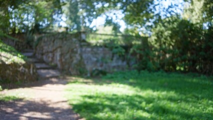 Blurry outdoor view with green foliage and sunlight in villa borghese garden, rome, creating a serene and natural backdrop.