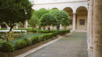 Blurred university campus scene with stone colonnades and greenery in the background, creating a soft, bokeh effect outdoors.