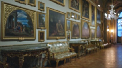 Blurred view of ornate art gallery interior with defocused paintings and opulent furniture at galleria doria pamphilj, showcasing classic italian museum ambiance.