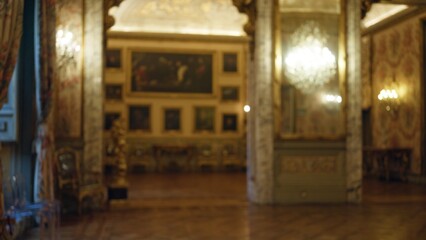 Blurred view of the opulent galleria doria pamphilj museum interior with ornate decorations,...