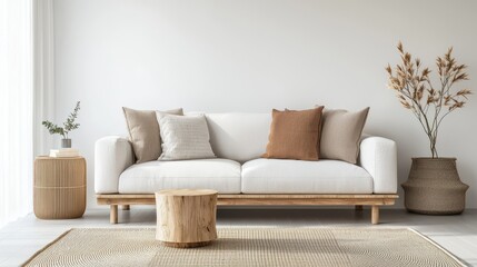 Minimalist living room featuring a cozy white sofa, wooden side table, and neutral decor, with a touch of greenery from a potted plant
