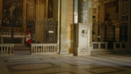Obraz premium Blurred view of a church interior in peru with a defocused religious altar and bokeh lighting creating a serene atmosphere with cultural significance.