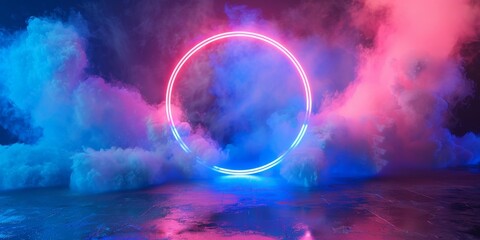 Abstract neon light portal, neon round linear frame with smoke and reflection on rough concrete wet floor.