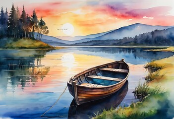 Fototapeta premium Sky sunset and boat on the water. Modern impressionism,Original oil painting on canvas.