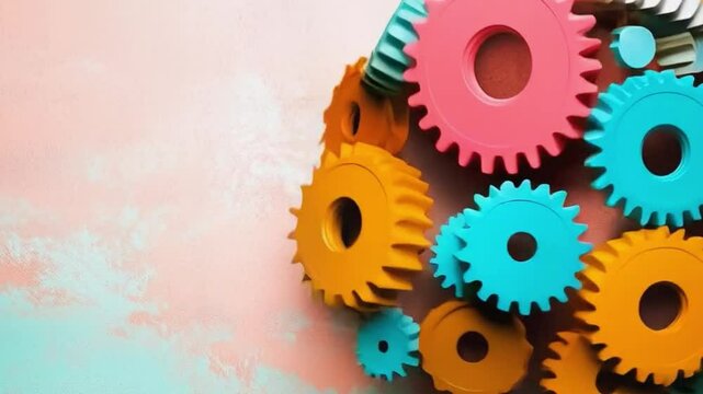 Colorful gears connecting on pastel pink and blue background representing teamwork and collaboration