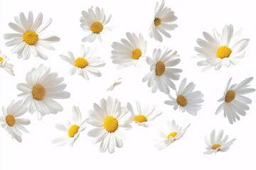 Fototapeta premium White Daisies Falling on a White Background - Delicate Floral Photography