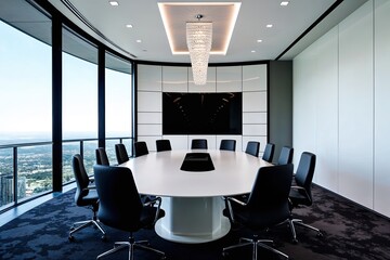 Modern Black and White Executive Boardroom with Panoramic Views and Contemporary Design