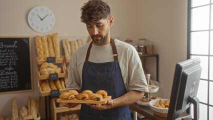 Young man in bakery holding croissants while wearing an apron in an indoor shop setting with shelves of bread in the background under a wall clock