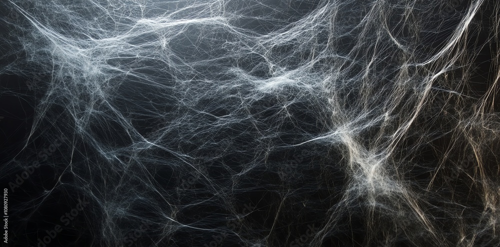 Wall mural close-up of a spider web with intricate details and fine threads against a dark background.