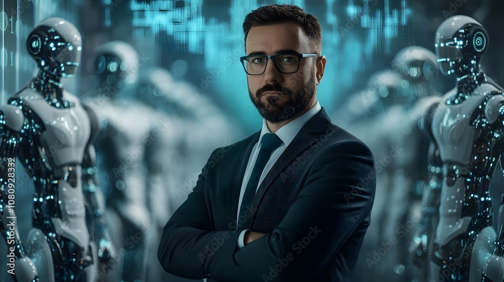 Aufkleber businessman standing confidently in front of futuristic robots with high-tech background, symbolizin