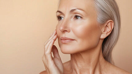 Fototapeta premium Radiant Morning Skincare Routine for Mature Blonde Woman