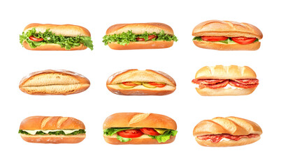 Set of different views of baguette sandwich on a transparent background. isolated background.