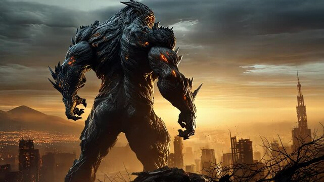 Giant monster over the destroyed city. Mythical giant kaiju attack