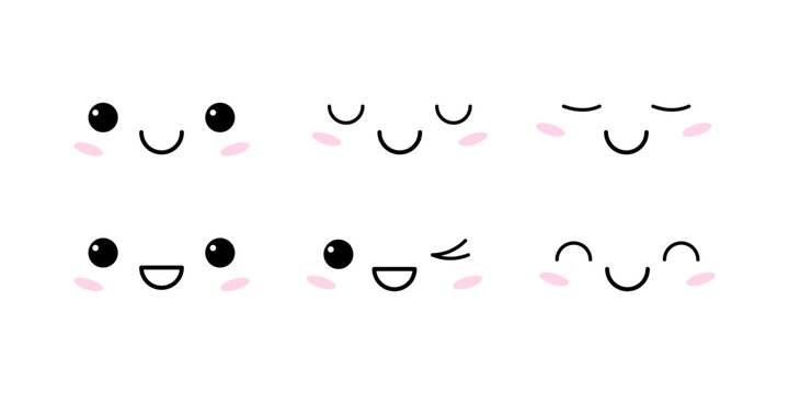 Kawaii facial expressions of joy, happiness, calmness, peace. Vector illustration of simple positive emotions character with eyes and mouth.