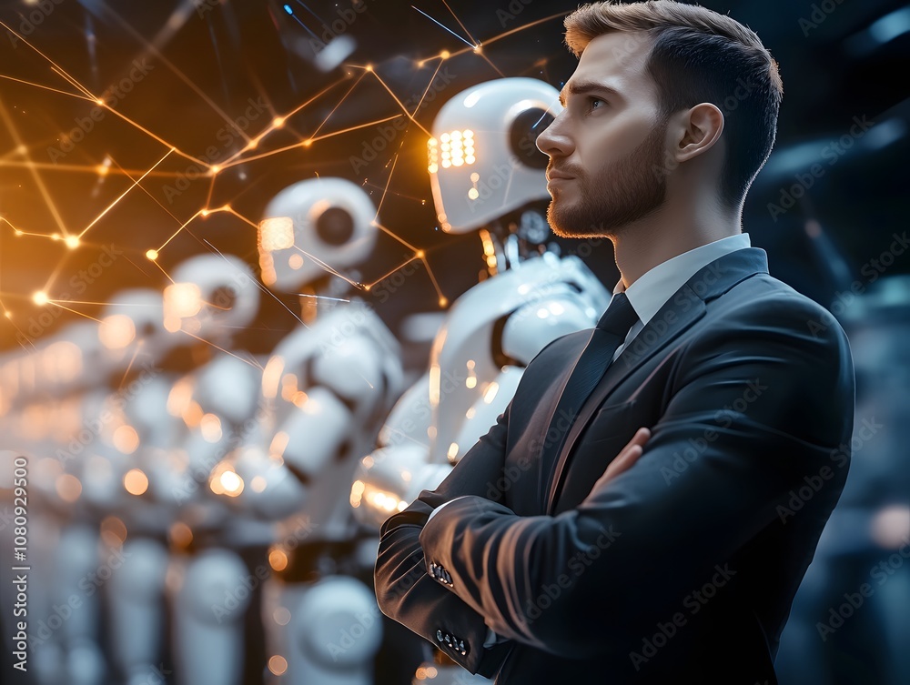 Fototapete Professional man in formal suit contemplating future of AI and robotics amidst futuristic robotic figures and digital connections, symbolizing technology and innovation