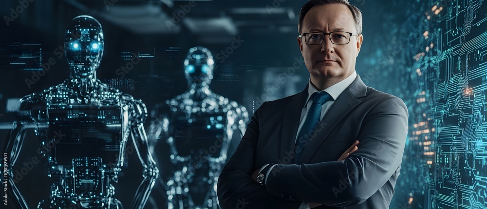 Aufkleber professional man in a suit standing confidently among futuristic robots in a high-tech environment h