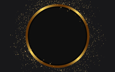 Festive advertising dark vector illustration background with golden dust and round banner