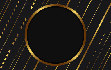 Festive advertising dark vector illustration background with golden lines and round banner