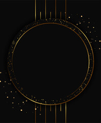 Festive advertising dark vector illustration background with golden dust, lines and round banner