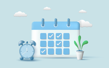 Calendar icon with check sign and alarm clock. Work planning, Meeting reminder planner, Office deadline, Business planning, Appointment, Agenda mark date. Planning concept. 3d vector illustration